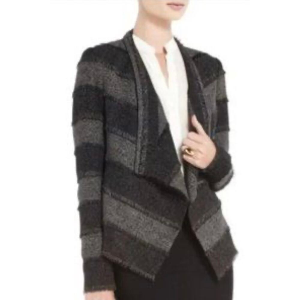 BCBGMaxAzria NWT Women's XXS Aubree Black & Gray Open Front Jacket Lined Fringe